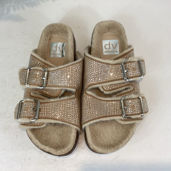 DOLCE VITA BONITA BLING SLIDES SANDALS FAUX FUR CRYSTALS NWT SZ 6.5 - Picture 1 of 9